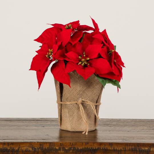 Nearly Natural 13" Red Artificial Velvet Poinsettia in Burlap Planter